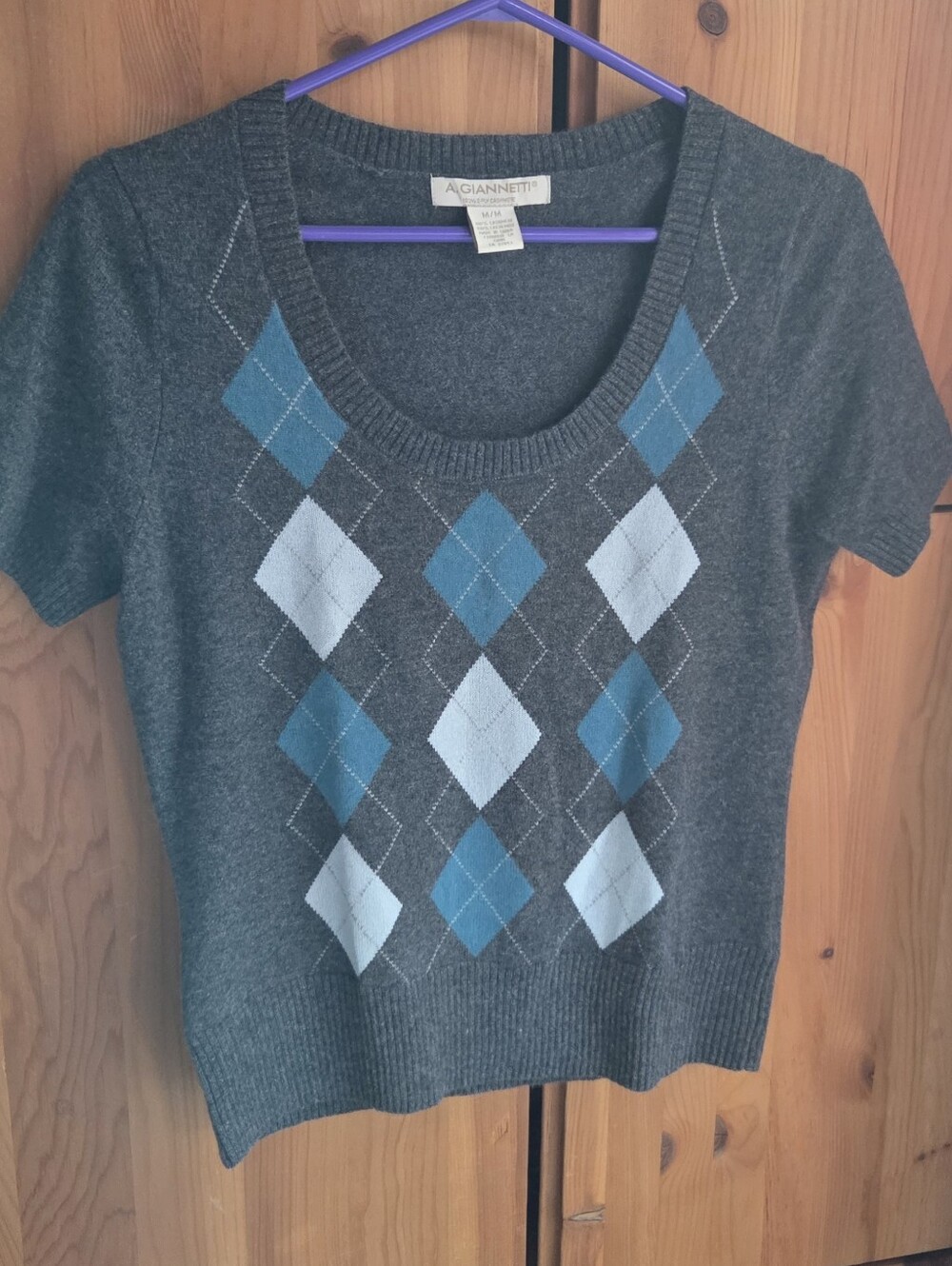 A Gianetti Women's Grey Cashmere Argyle Short Sleeve Sweater Size Medium
